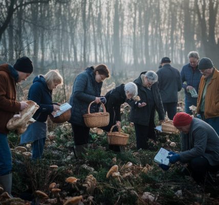 Des cueilleurs de champignons dans une forêt d'hiver