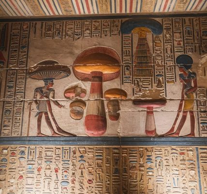 Peinture murale avec des champignons dans un tombeau égyptien